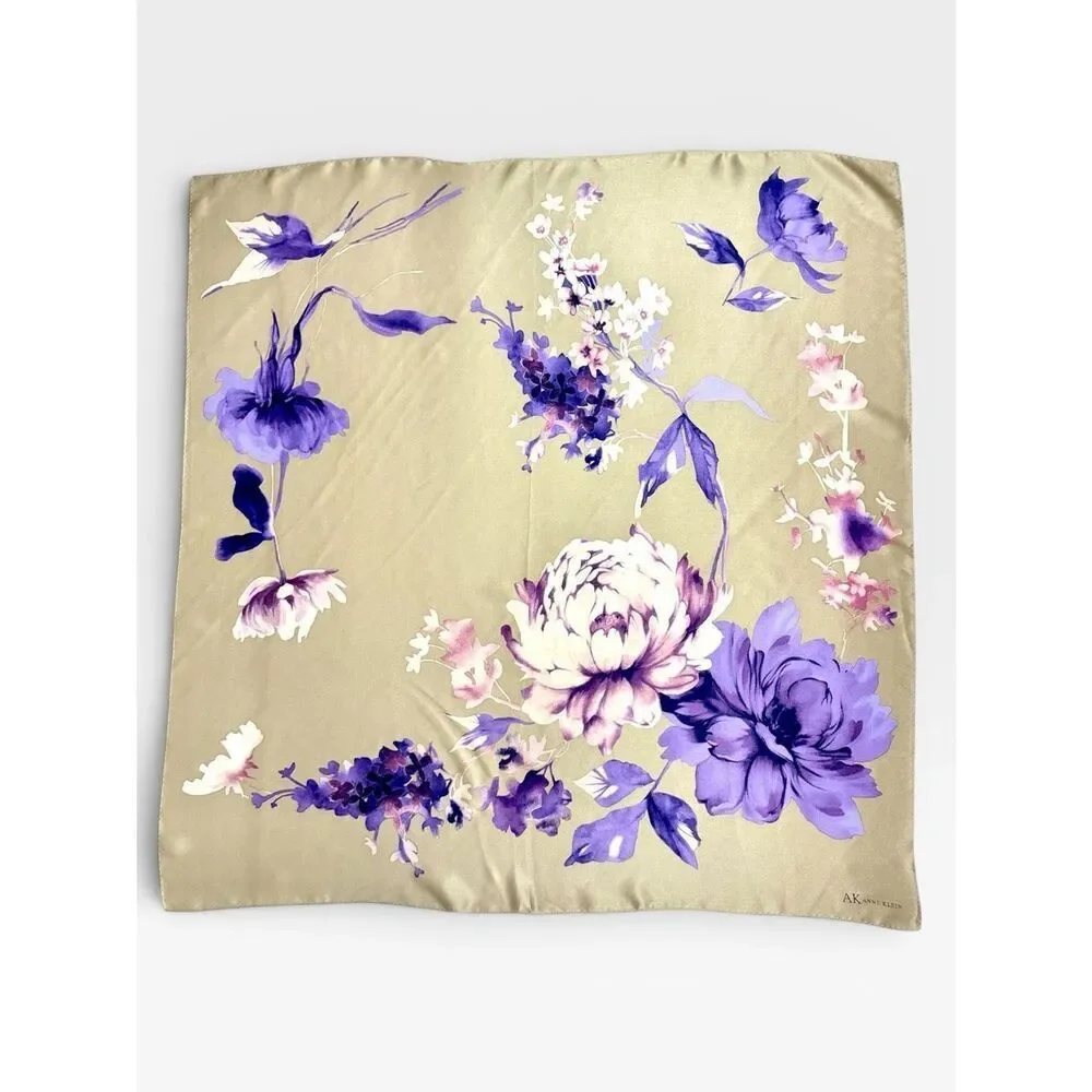 Anne Klein Silk Scarf Light Olive Green Purple Floral Print Square 31x31